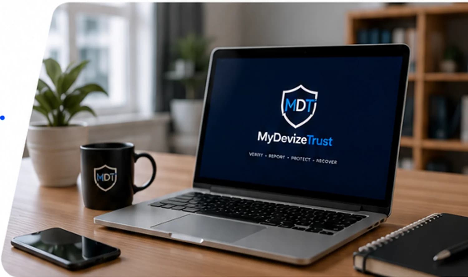 A MyDevizeTrust knowledge workspace with a laptop, phone and notebook