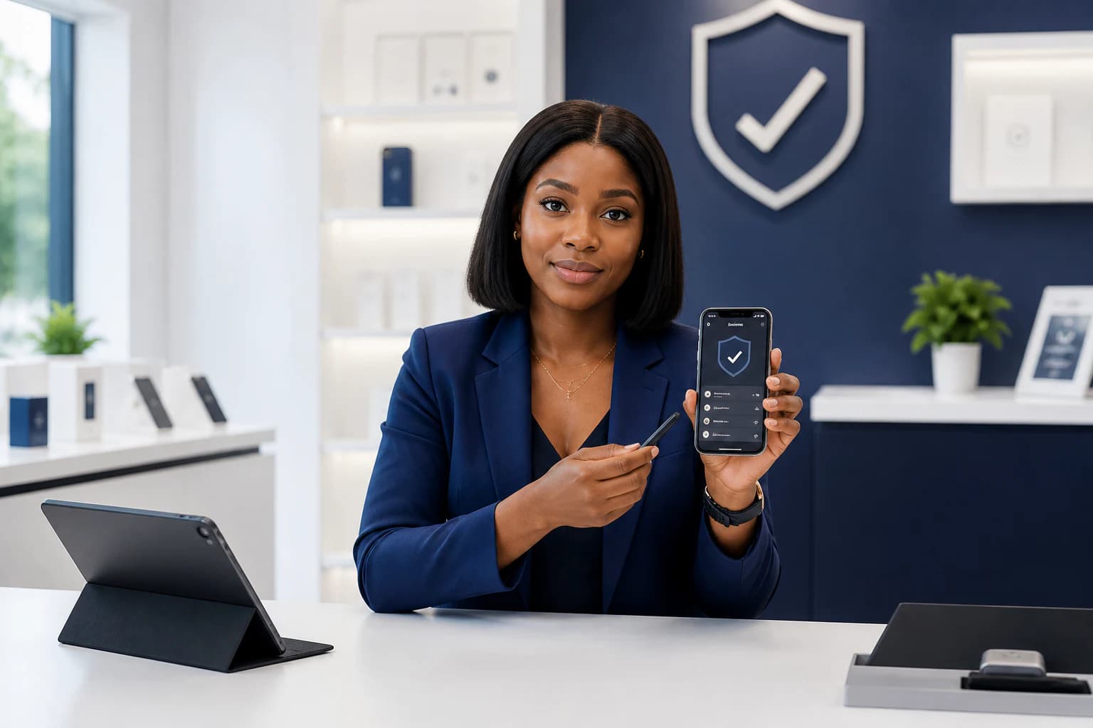 A device-care specialist presenting a protected smartphone
