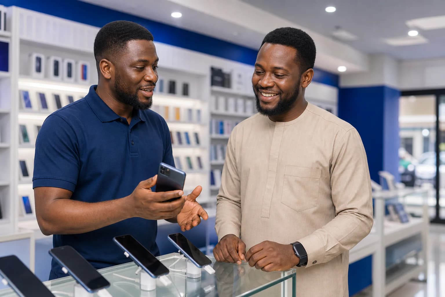 A Nigerian phone shop owner helping a satisfied customer choose a smartphone